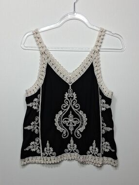 Ultra Pink Black Camisole with Cream Crochet Embroidery